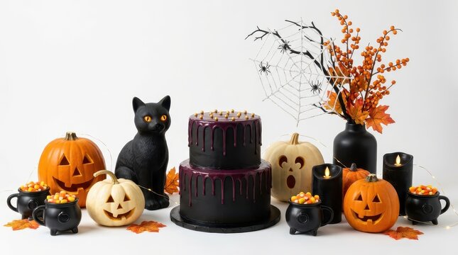 Black tiered Halloween cake with purple frosting drip, festive jack o lantern pumpkins and ceramic cat figurine creating gothic dessert display