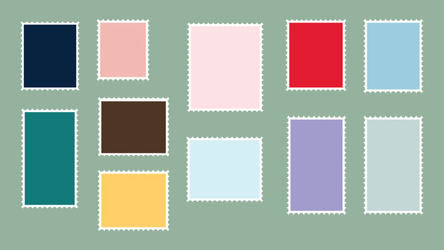 Set of colorful blank postage stamps with serrated edges isolated on a soft green background for creative design projects