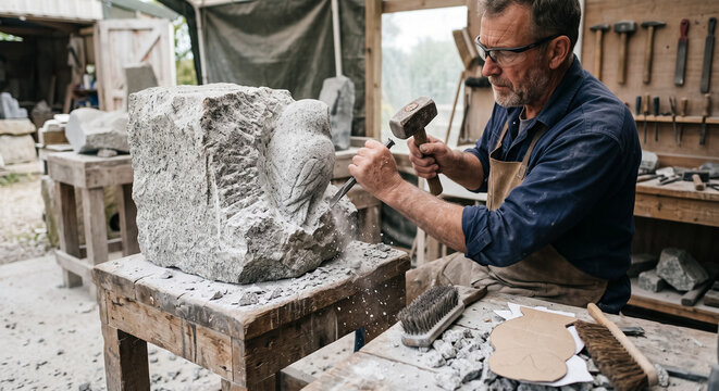 Sculptor carving stone sculpture with hammer and chisel in outdoor workshop. Concept of granite, stonemason.
