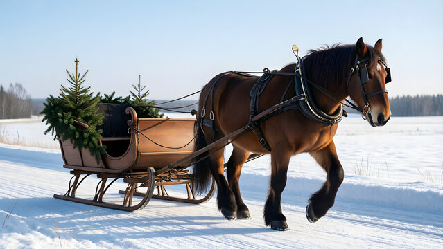 Draft horse pulling a Christmas sleigh through fresh snow