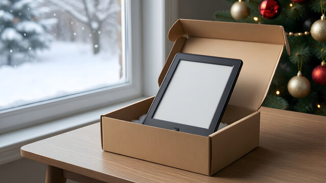 E reader Christmas gift beside a snowy window