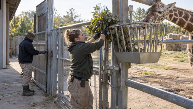Female Zookeeper Feeding Giraffe Fresh Tree Branches at Zoo Enclosure. Concept of feeder, animal care, zoo keeper, browse, wildlife, safari park.