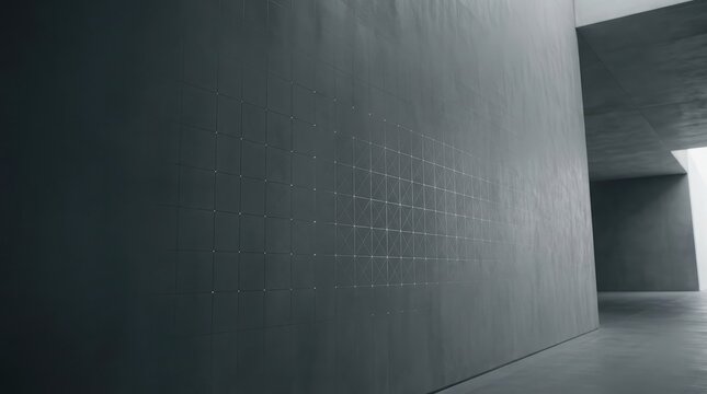 Dark concrete wall corridor with glowing digital network circuit projections