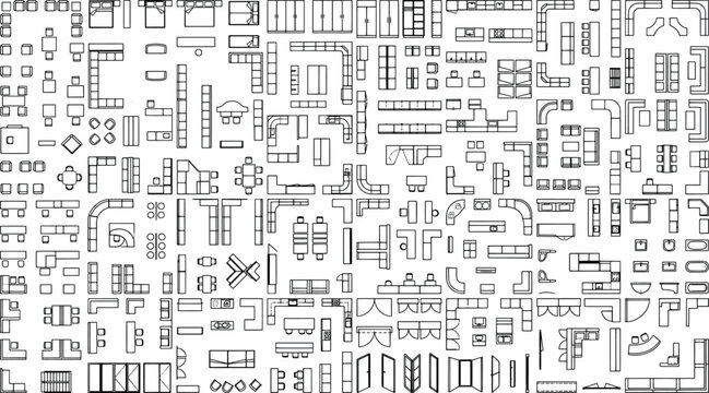 Top view of furniture symbols in architectural floor plan isolated on white background