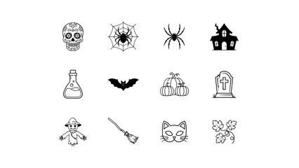 Fototapeta premium Halloween outline icons including sugar skull, bat, scarecrow and witch broomstick element.