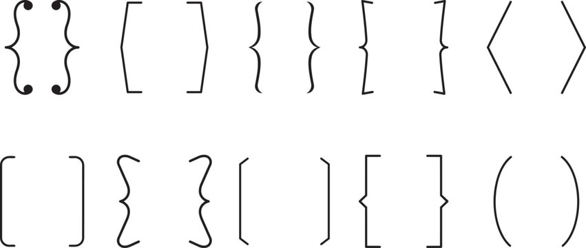 Set of various handwritten brackets including curly braces, square brackets, parenthesis, and angle brackets for coding, math, typography, and design elements.png