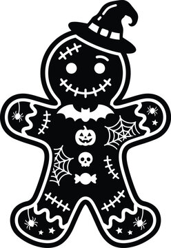 Halloween gingerbread man with witch hat and spooky decorations against white background