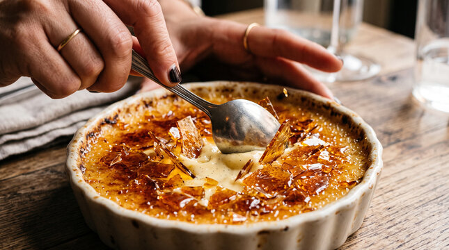 Cr&egrave;me Br&ucirc;l&eacute;e Dessert with Caramelized Sugar Crust Being Cracked with Spoon, Classic French Custard Close Up 