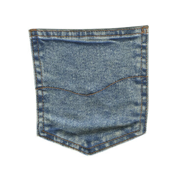 Vintage Blue Denim Back Pocket Isolated on Transparent Background. Distressed jean fabric cutout with stitch for collage, sticker and mockup design
