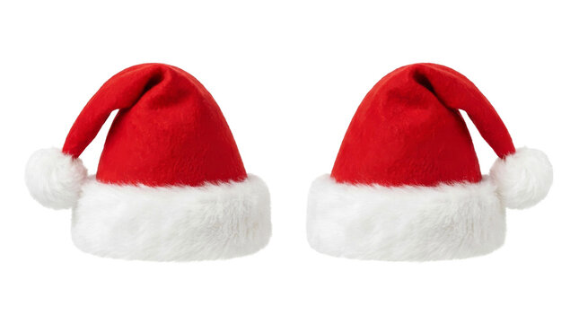 Two classic red Santa hats with white trim and pom-poms on a white background