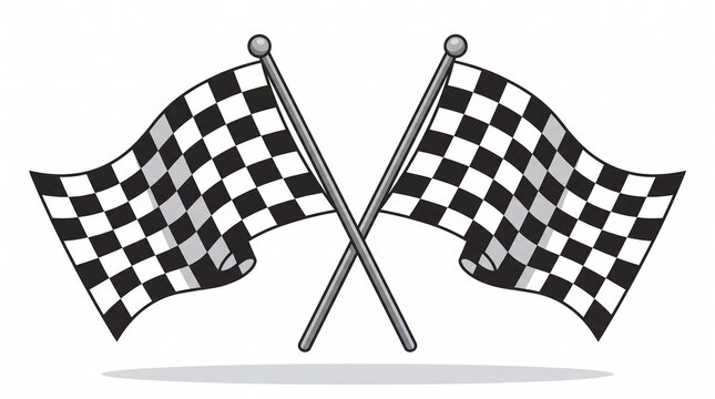 Classic crossed checkered racing flags waving on silver poles, symbolizing speed, victory, motorsport competition, and finish line excitement on a clean background.