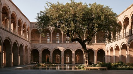 Fototapeta premium A courtyard in premium wellness hotel showcases warm pink volcanic tuff, a water feature, and an apricot tree creating a stylish outdoor space.