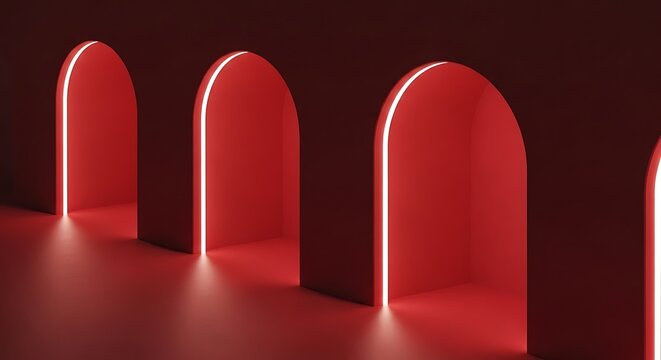 Three glowing red archway lights in dark background