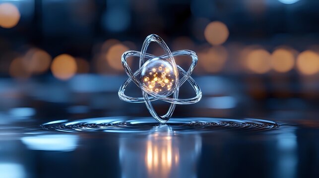 Glowing atom nucleus with electron orbits on reflective surface