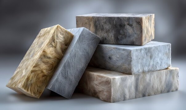 Stack of rectangular mineral wool insulation blocks on grey surface indoors