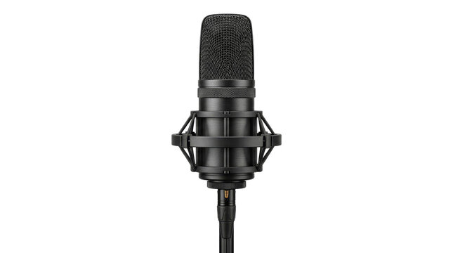 Professional black condenser microphone on a stand for studio recording