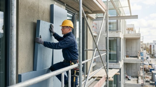 Construction worker installing insulation board on building facade from scaffolding in daylight