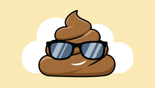 Funny poop emoji wearing black sunglasses smiles while floating against a white cloud shape on a warm yellow background.