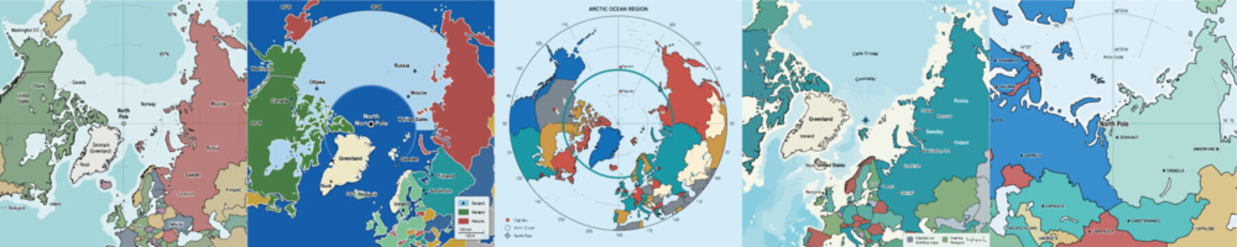 set of vector cartoon The Arctic Ocean region, Geographic position of the North Pole of the Earth, Colored political map with countries and capitals included in the Arctic Circle, Vector map with lati