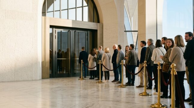 People queuing in bright daylight at a polished concert hall entrance, anticipating entry, with architectural details and copy space.
