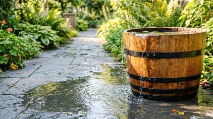Fototapeta premium Overflowing wooden barrel on wet garden path, natural light, serene outdoor scene with copy space
