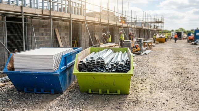 Construction site waste sorting: drywall and metal offcuts in colorful skip bins at a bright building site.