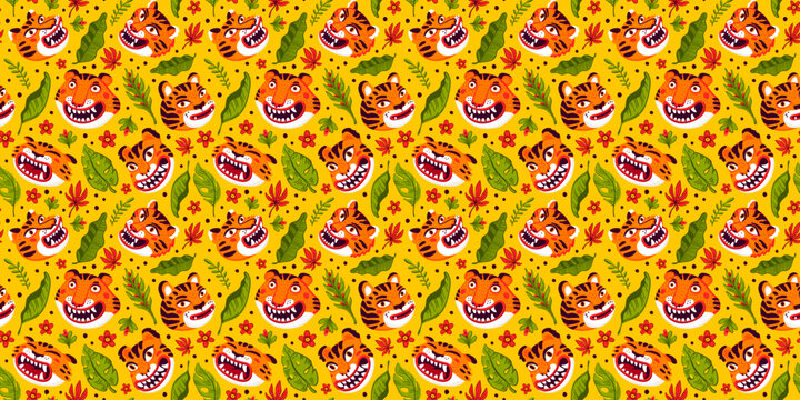 Asian seamless pattern with smiling tiger faces on yellow background. Drag to swatches panel to use