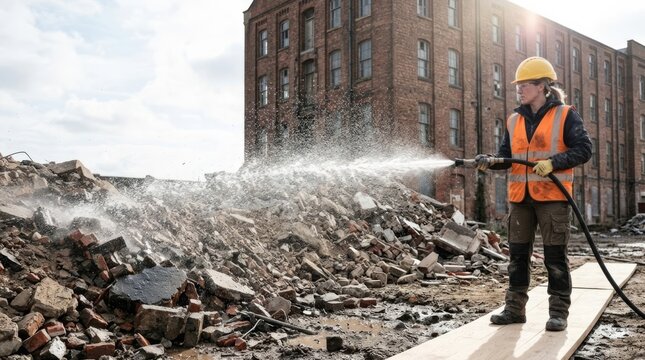 Construction worker spraying water to control dust at a demolition site, with an old brick building in the background.