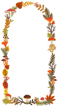Autumn arch wreath with toadstool, chanterelle and pine branches circling forest border foliage. Berries and oak leaves fill sides while center stays open for photos, quotes or invitation text