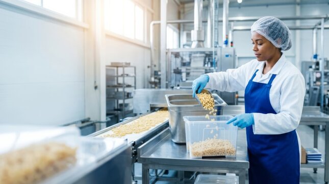 Female worker in food factory inspects dry pasta on production line, quality control in modern facility with copy space
