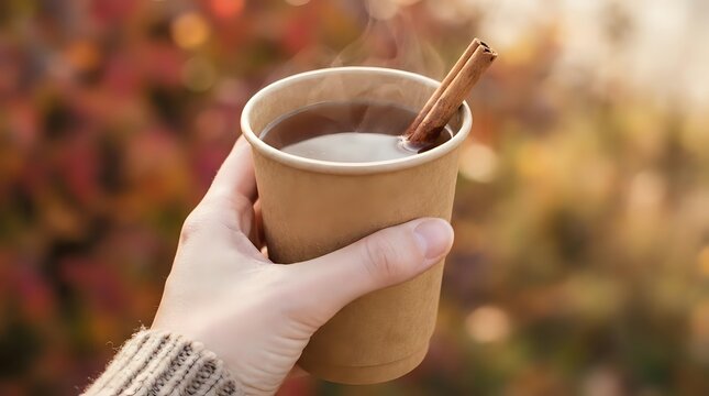 Caucasian hand holding kraft paper cup with hot beverage and wooden stirrer against autumn foliage background