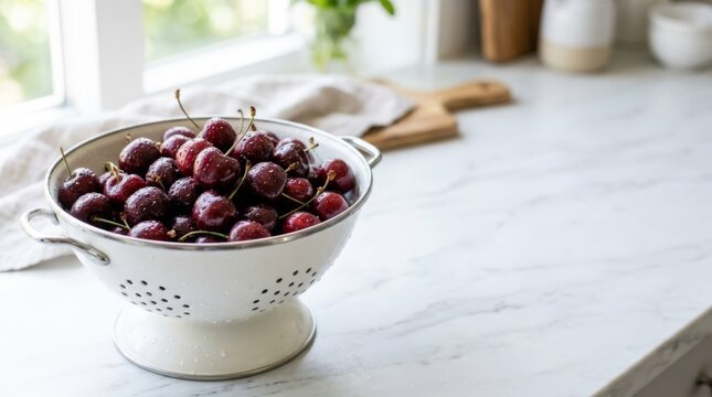 Fresh dark sweet cherries with water droplets in a white colander on a marble countertop, natural light, copy space