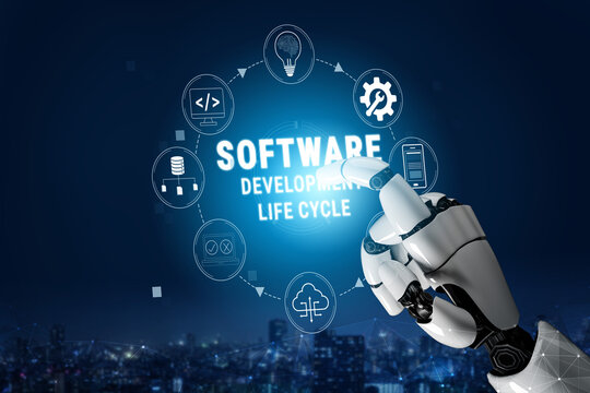 Futuristic Robotic Hand Interacting with Software Development Life Cycle Concepts in a Digital Environment at Night Quark.