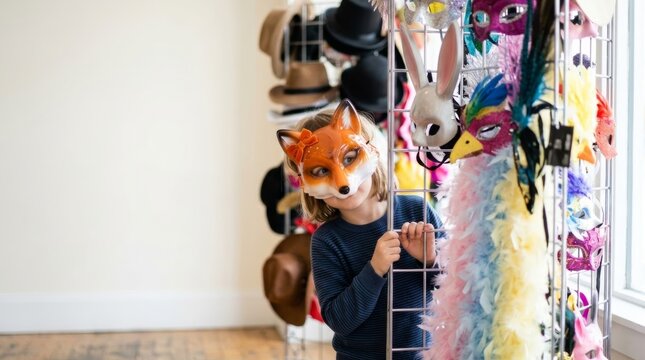 Child wearing a fox mask peeking around a display of colorful carnival masks in a bright studio with ample copy space