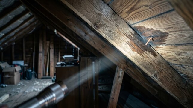 Attic inspection reveals roof leak with damp patch on wooden rafters illuminated by flashlight beam