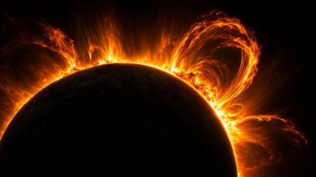 Solar prominences and coronal loops erupting from the sun surface, solar flare activity in space cosmos illustration