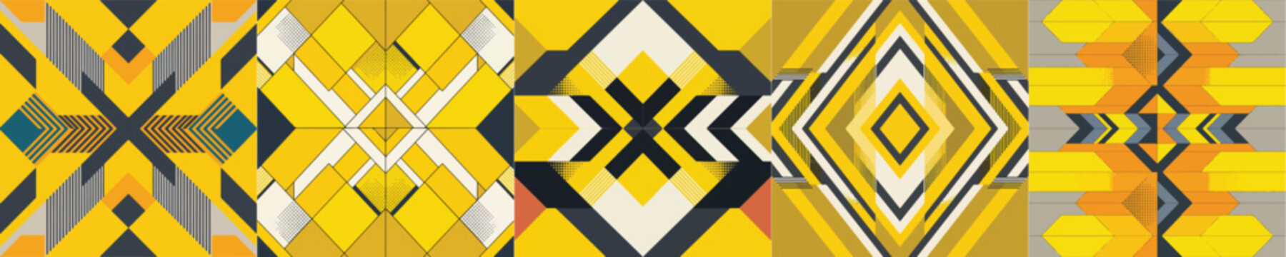 set of vector Abstract geometric vibrant yellow chevron pattern with dynamic symmetric transition effect, Optical illusion geometric shapes, Halftone gradient striped linear ornament in brutalism aest