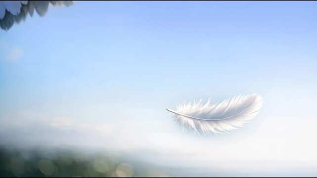A white feather flying through the air, great for use in scenes of freedom, hope, or whimsy