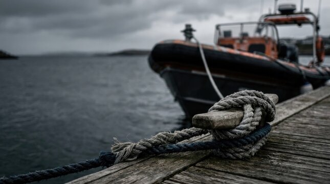 Moody nautical scene with coiled rope on old dockside wood