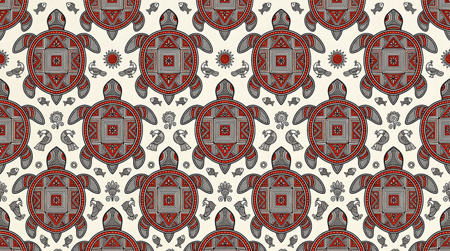 Vintage geometric pattern featuring stylized turtles with intricate shell designs in repeating motif