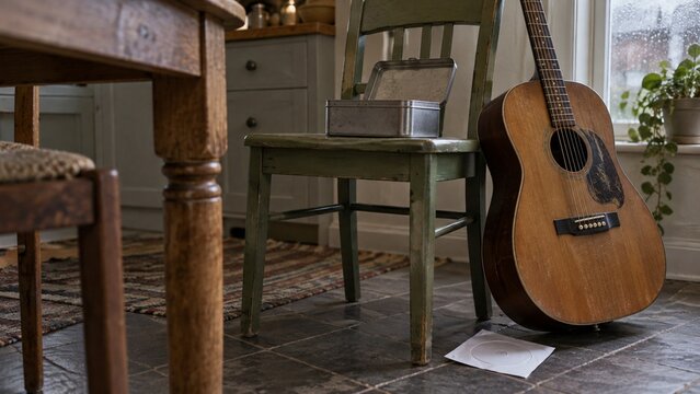 A wooden table dominates the left foreground, positioned near a small green painted wooden chair holding a rectangular metal box, next to an acoustic guitar leaning against a window frame