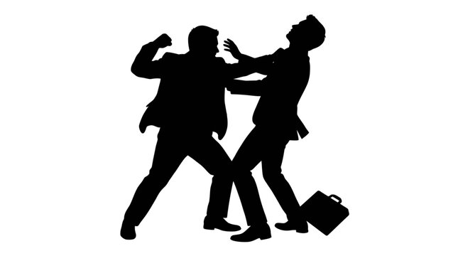 Two men fighting black silhouette against a white background