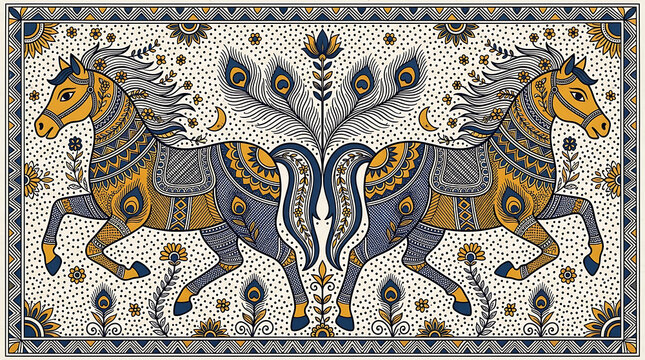 Ancient mosaic of two mythical winged horses with floral motifs in intricate geometric pattern
