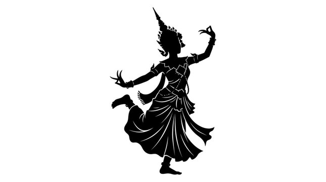 Silhouette of a traditional dancer in ornate costume against a white background