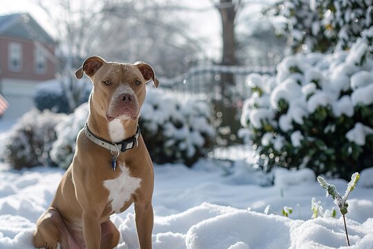 American pit bull terrier sitting outdoors on fresh white snow with snowy bushes background. Perfect asset for winter pet care product advertising or veterinary clinic service banner