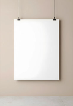 Mockup template for branding and advertising, blank white poster hanging on a beige wall with binder clips for corporate identity and interior design