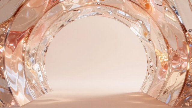 Warm romance glass ribbon tunnel: wide optical crystal tunnel framing glowing liquid peach amber plasma