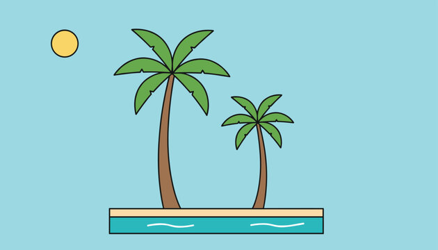 Minimalist illustration of a tiny tropical island with two palm trees under a bright yellow sun on a clear blue sky.