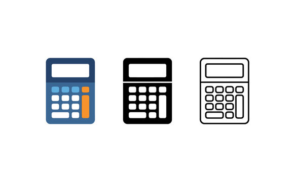 Minimalist calculator icons set in blue flat and black outline vector styles