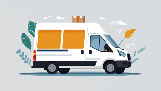 Delivery van with cardboard box driving past abstract plants in flat illustration style.